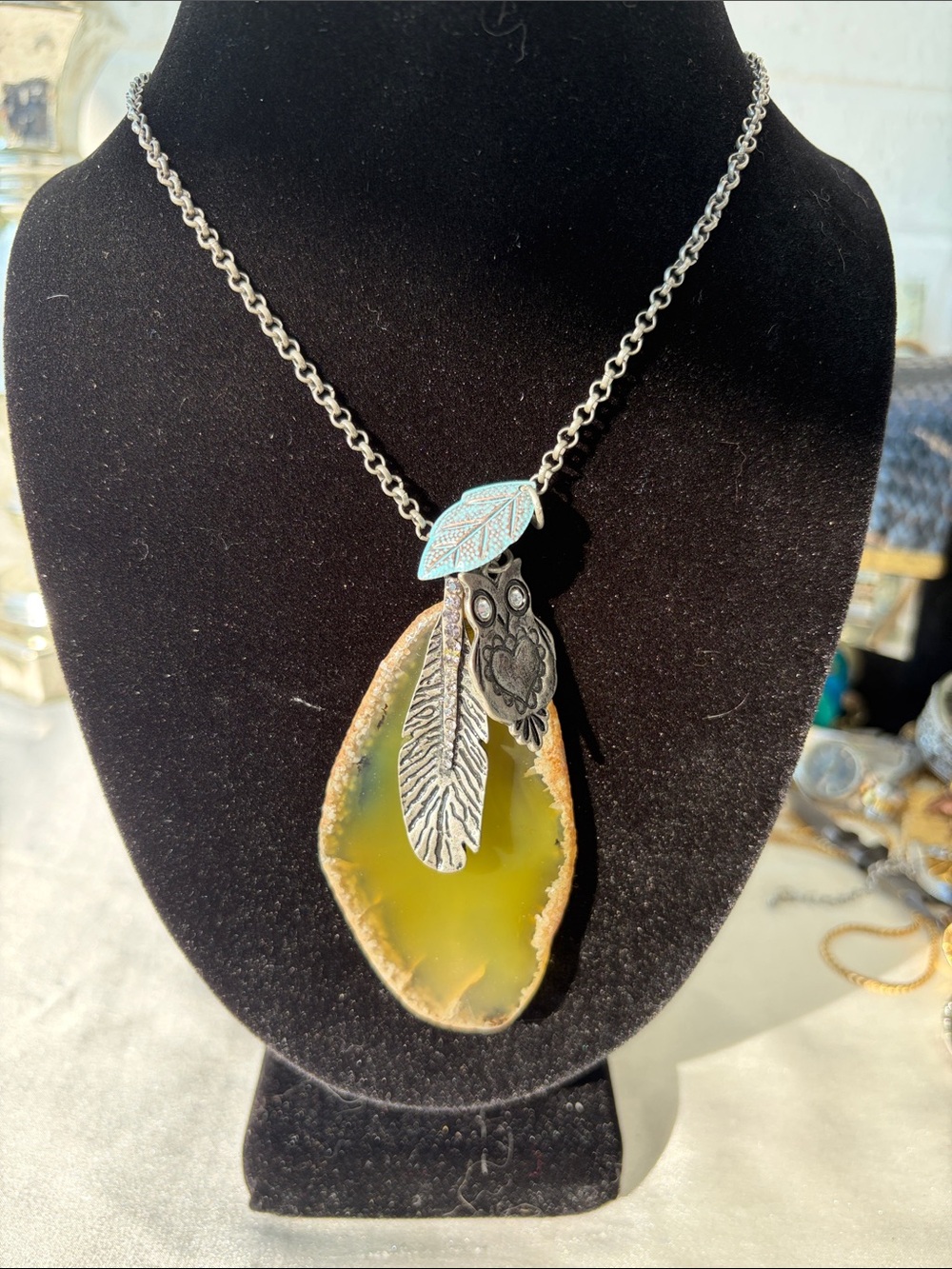 Green Agate Owl & Feather Pendant Necklace with Silver Leaf Accent